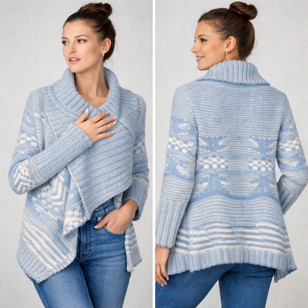 Love Stitch Waterfall Sweater Cardigan Women Small Blue White Wool Blend‎ Chunky
